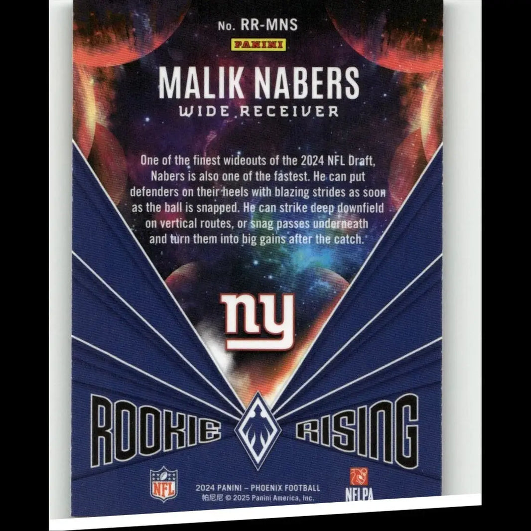 Blue and white ’rookie rising’ nfl trading card featuring malik nabers, wide receiver for the new york giants.
