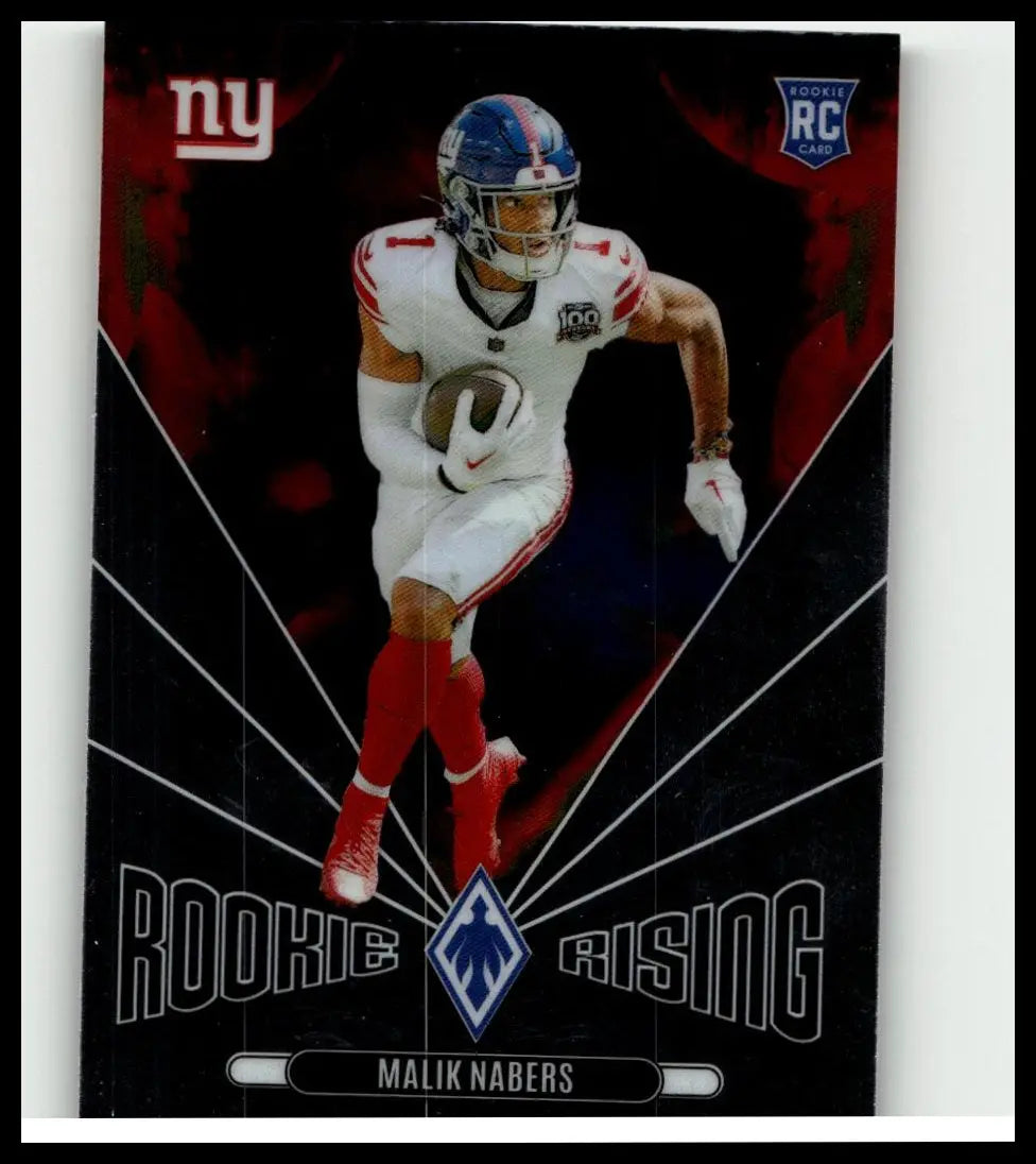 Black and red 2024 panini phoenix malik nabers rookie rising trading card featuring nabers in new york giants uniform