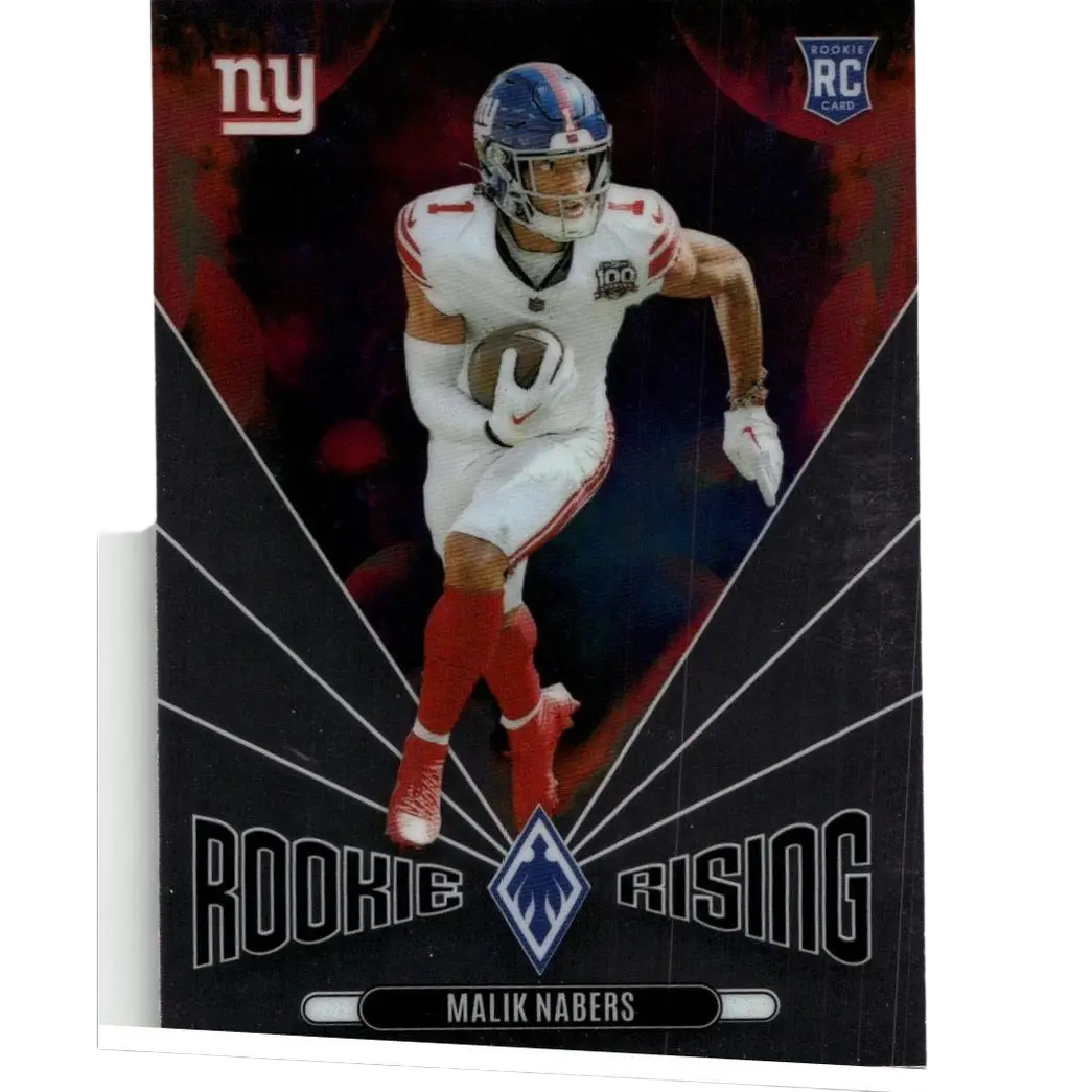 New york giants rookie football card featuring malik nabers in his white and red uniform with blue helmet, holding a brown football.