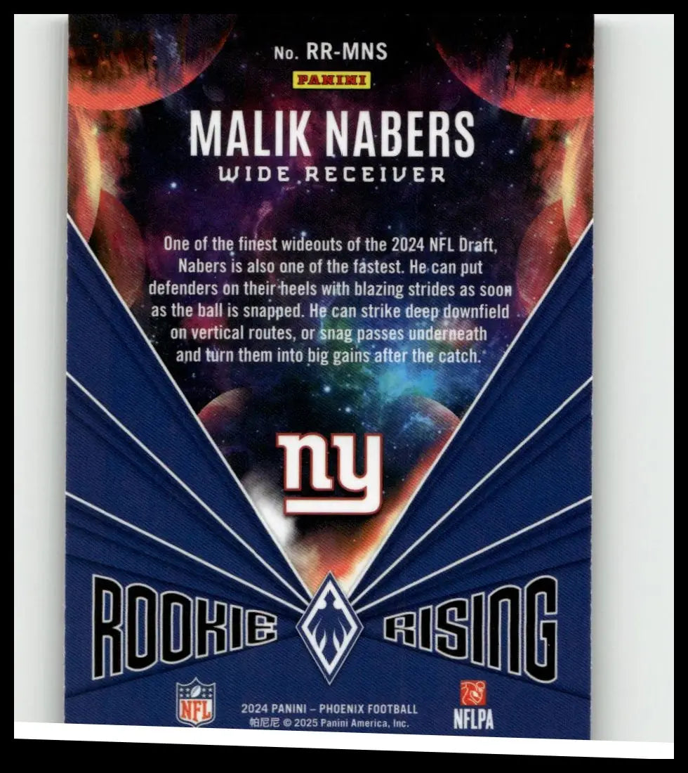 Blue and white 2024 panini phoenix malik nabers rookie rising nfl trading card with cosmic imagery on the back