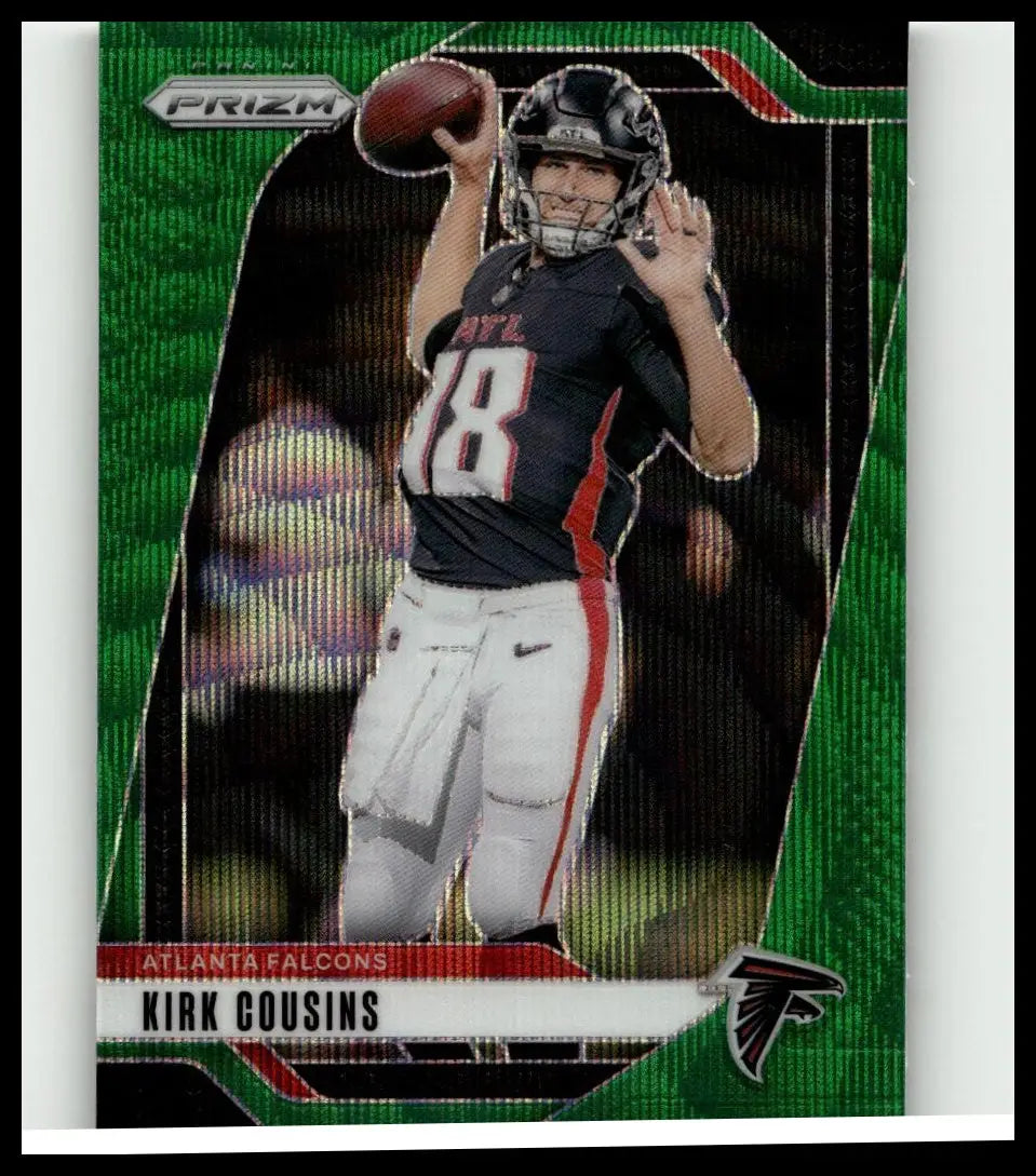 Green prizm football trading card of kirk cousins in black and red jersey 2024 panini prizm cousins green wave