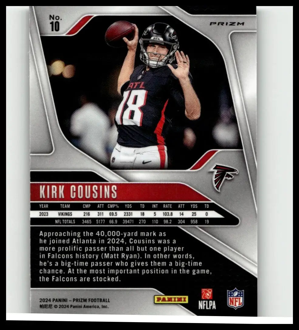 Silver and red prizm football card of kirk cousins in atlanta falcons uniform from 2024 panini cousins green wave
