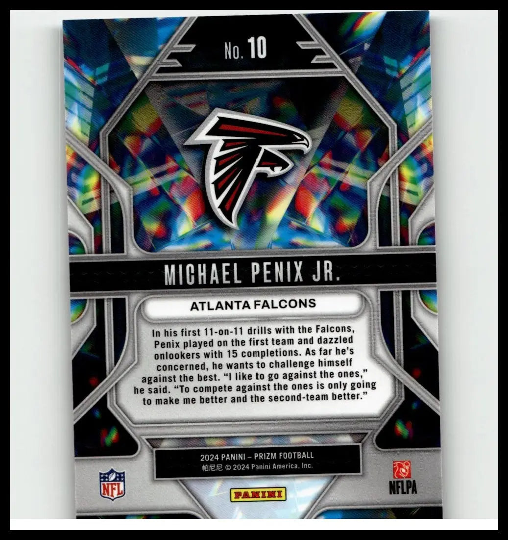 2024 panini prizm michael penix jr football trading card with silver black atlanta falcons logo on holographic background