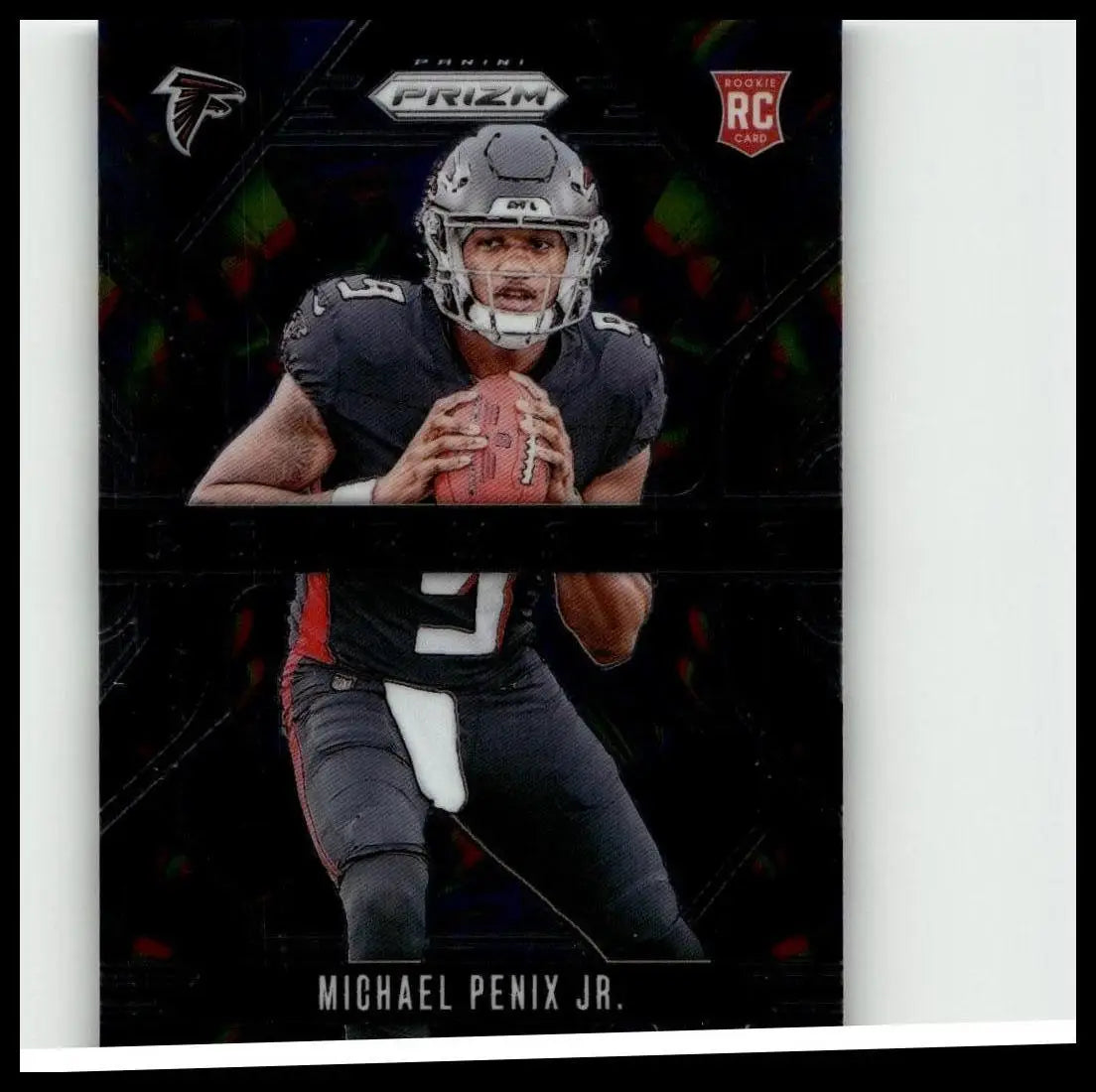 Black and red 2024 Panini Prizm #10 michael penix jr. rookie rc card featuring action figure style design