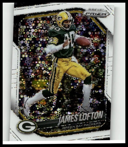Green and yellow panini prizm 2024 no huddle james lofton football card with dynamic pose and sparkling background