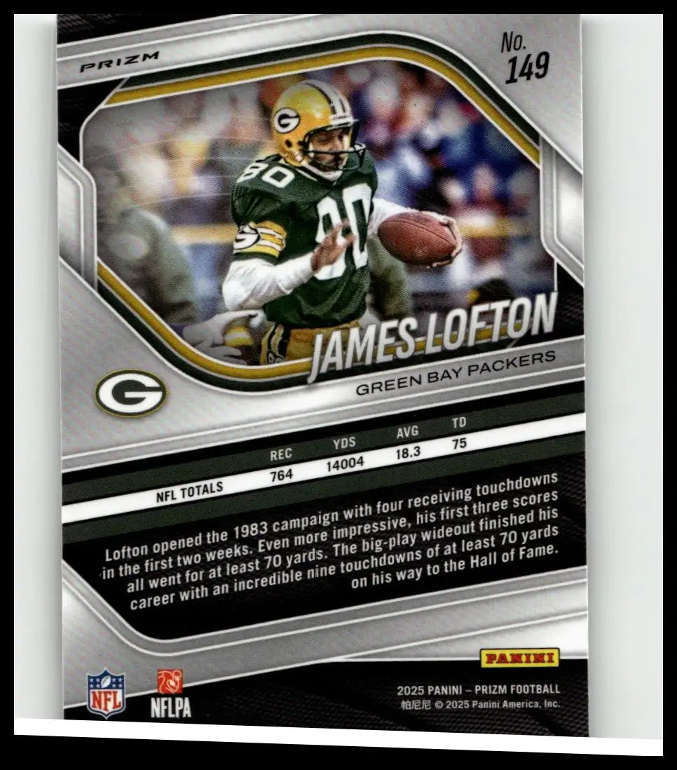 Green and gold Panini Prizm football trading card featuring James Lofton in action from 2024 No Huddle set