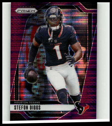 A vibrant purple and pink holographic 2024 panini prizm #114 stefon diggs purple pulsar trading card in navy jersey