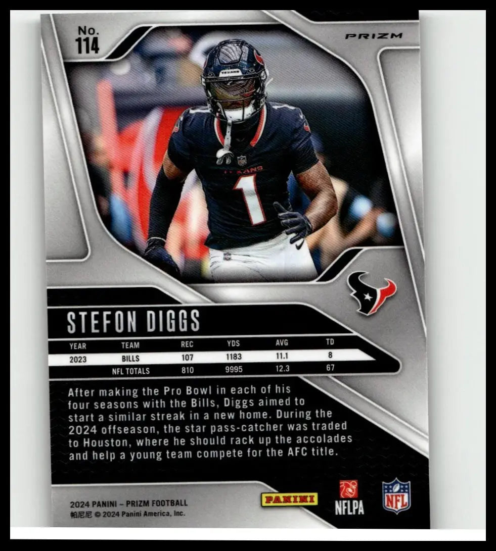Black and silver 2024 panini prizm stefon diggs purple pulsar nfl trading card featuring diggs in texans uniform