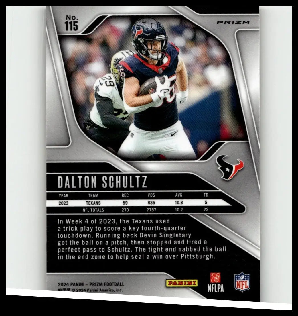 Silver and black 2024 panini prizm dalton schultz orange ice football trading card in houston texans uniform