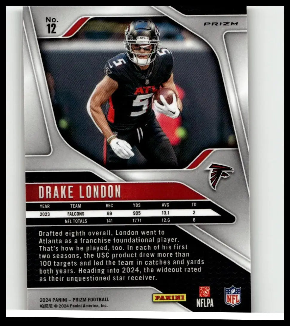 Black and red 2024 Panini Prizm football card featuring drake london in action with drake london orange ice design