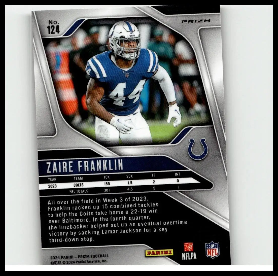 Silver and blue indianapolis colts football trading card featuring zaire franklin in uniform from 2024 panini prizm red