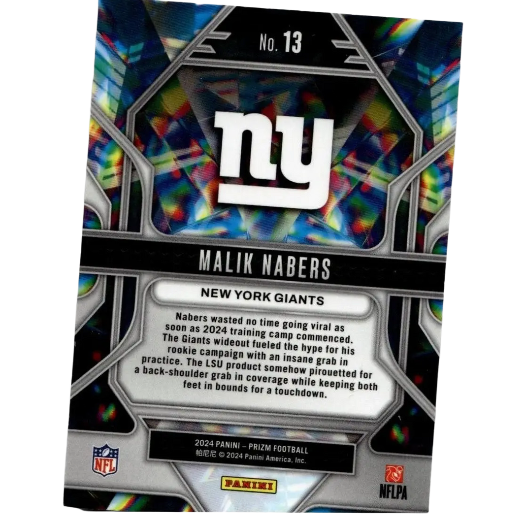2024 panini prizm football card featuring malik nabers with holographic background and silver prizm accents