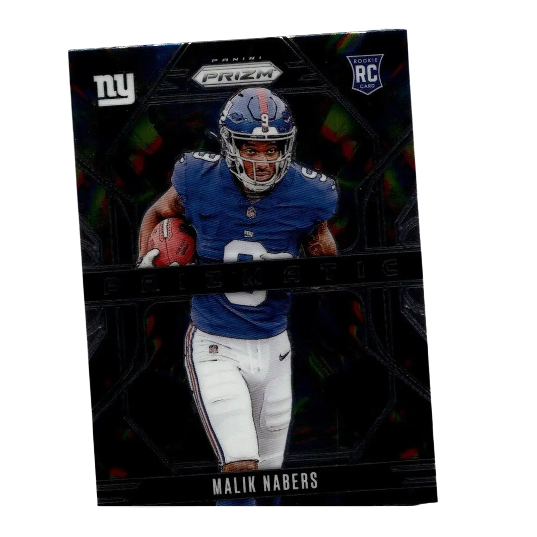 Glossy black 2024 panini prizm malik nabers prizmatic rookie card in blue new york giants uniform holding football
