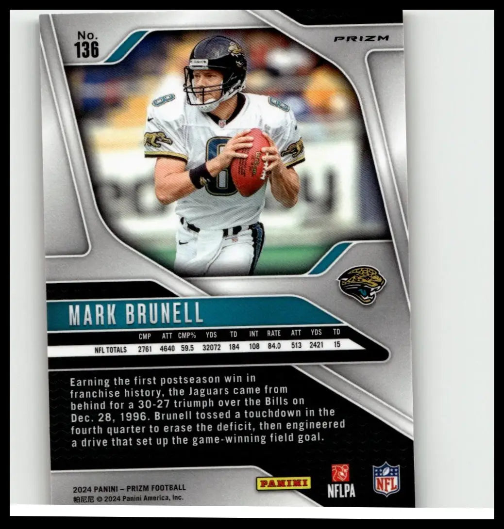Silver and black prizm football trading card featuring mark brunell in white jersey holding orange football 2024 brunell orange ice
