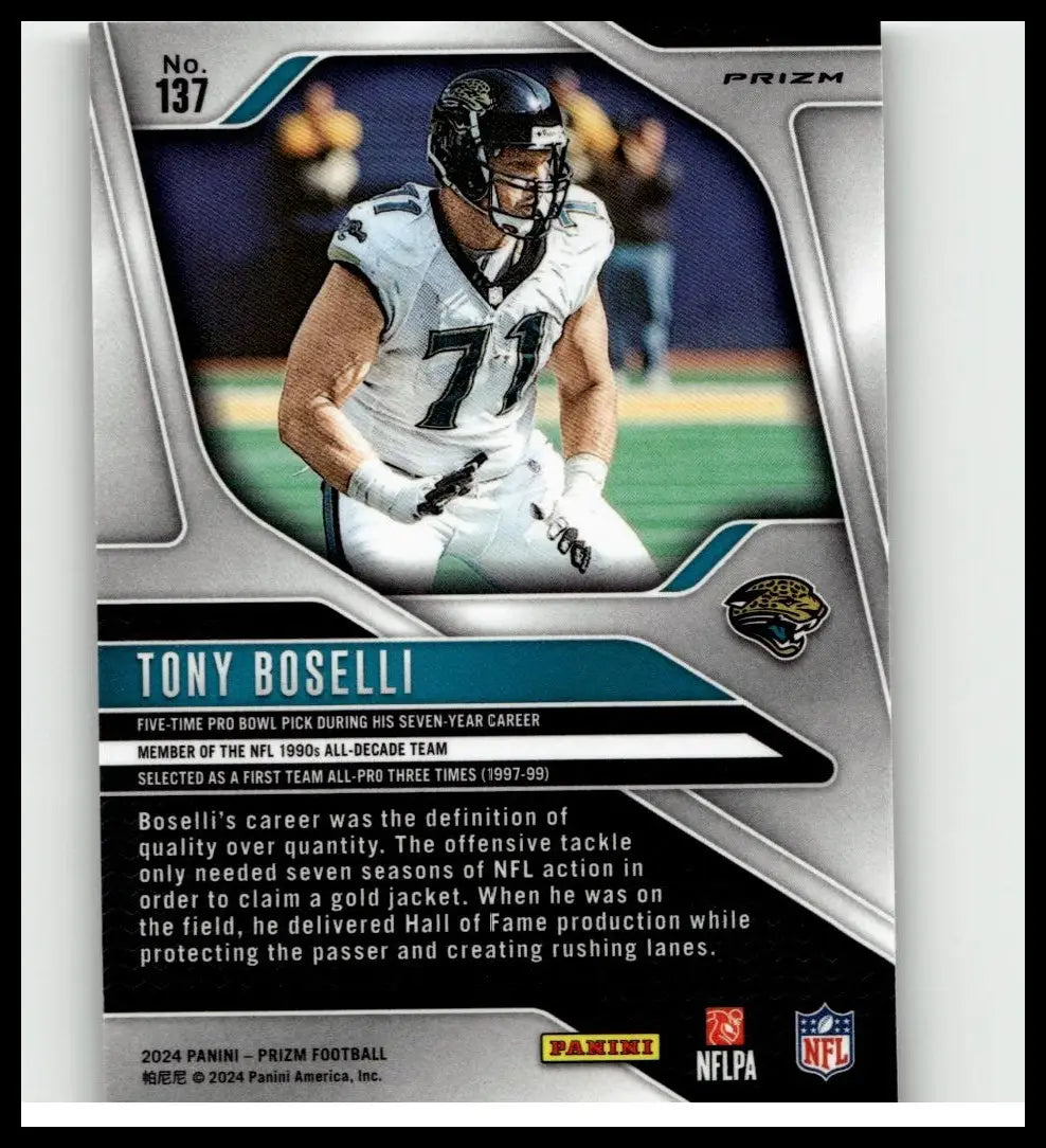 Silver and black 2024 panini prizm #137 tony boselli football trading card featuring tony boselli silver in jacksonville jaguars uniform