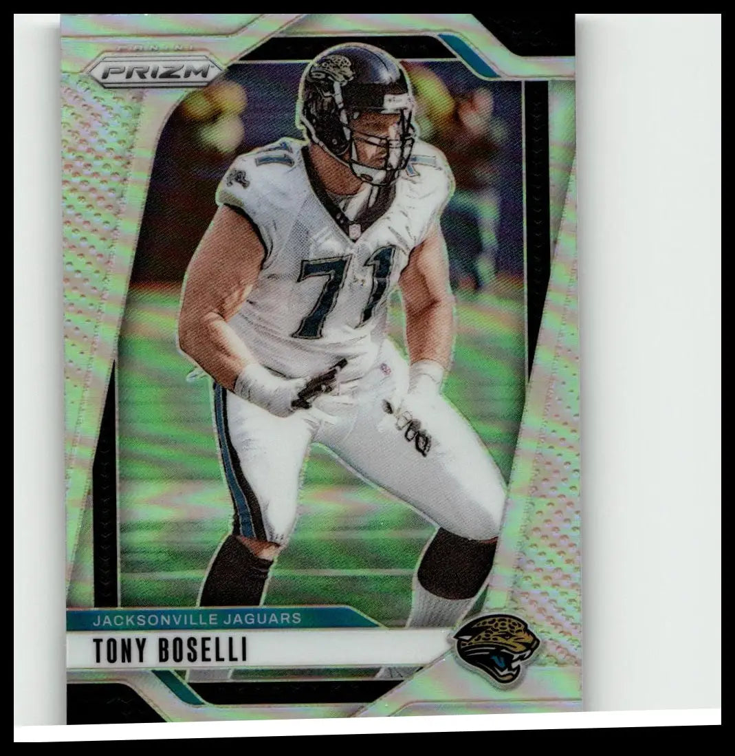 A glossy iridescent 2024 panini prizm silver trading card featuring tony boselli in a white jaguars jersey