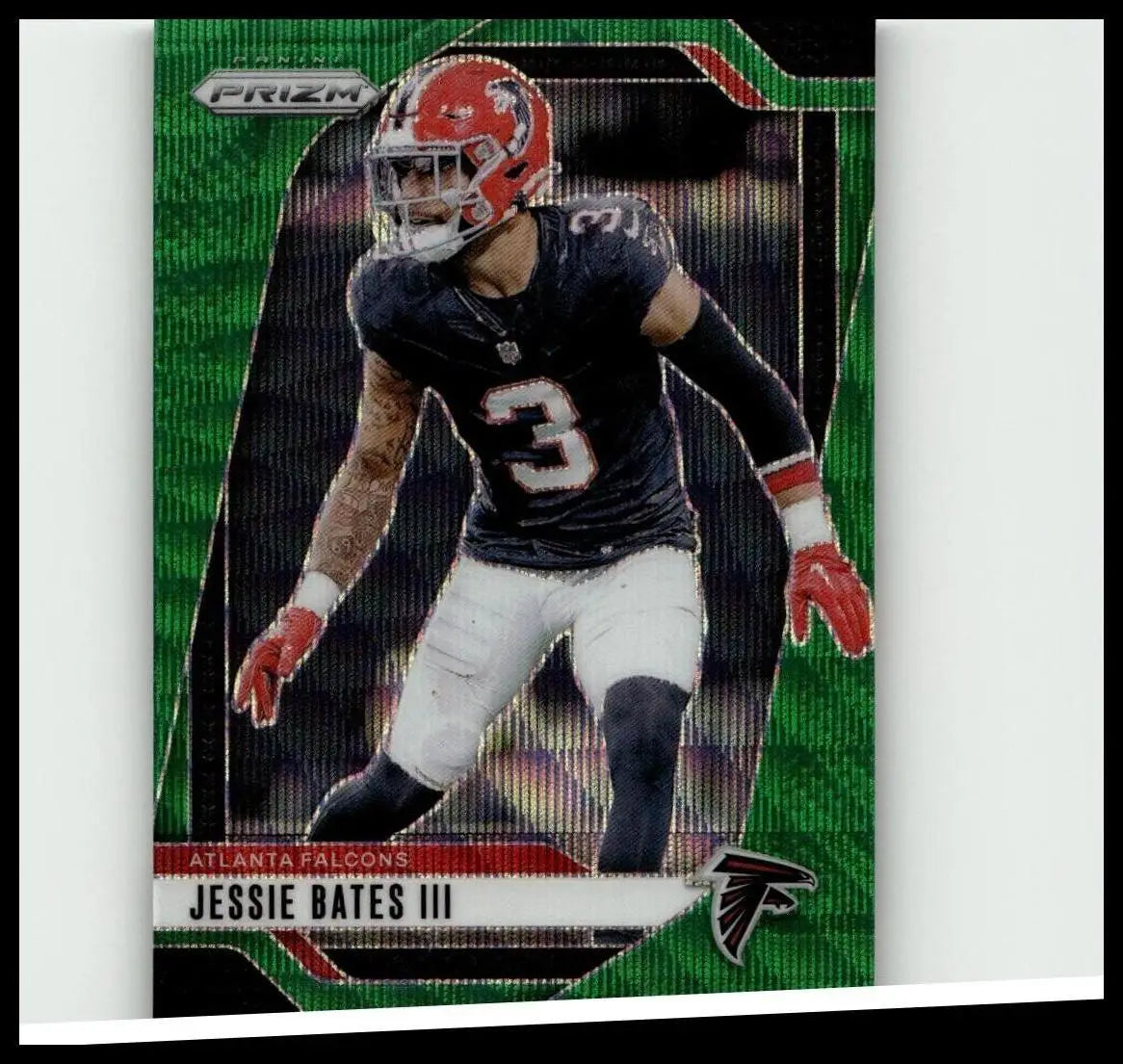 Green and black 2024 panini prizm football trading card featuring jessie bates iii in atlanta falcons uniform