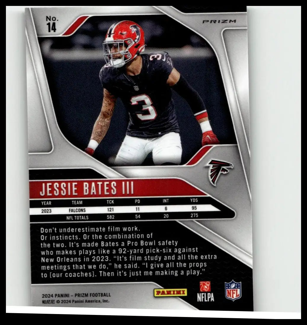 2024 panini prizm football card number 14 featuring jessie bates iii in atlanta falcons green uniform