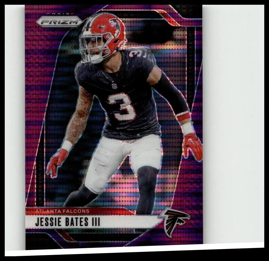 A vibrant purple and pink 2024 panini prizm football trading card featuring jessie bates iii in falcons uniform