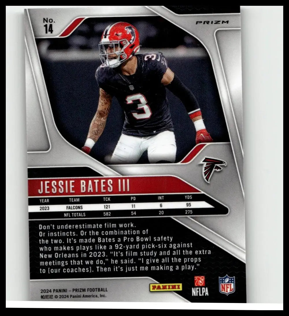 This 2024 panini prizm football trading card features jessie bates iii in falcons uniform with purple pulsar design