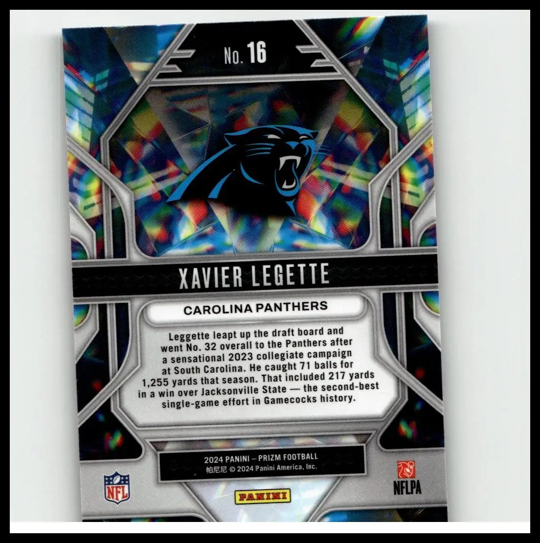 A shimmering iridescent 2024 panini prizm #16 football trading card featuring carolina panthers logo and xavier legette prizmatic