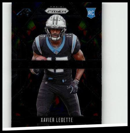 Black and light blue carolina panthers rookie rc trading card featuring xavier legette in uniform 2024 panini prizm
