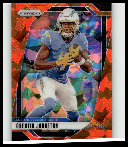 A vibrant 2024 panini prizm #160 quentin johnston orange ice card featuring quentin johnston in chargers blue and yellow gear