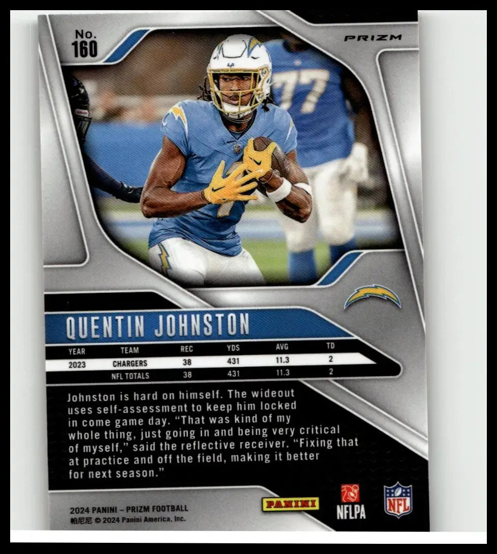 Silver and blue 2024 panini prizm quentin johnston orange ice football trading card in chargers uniform