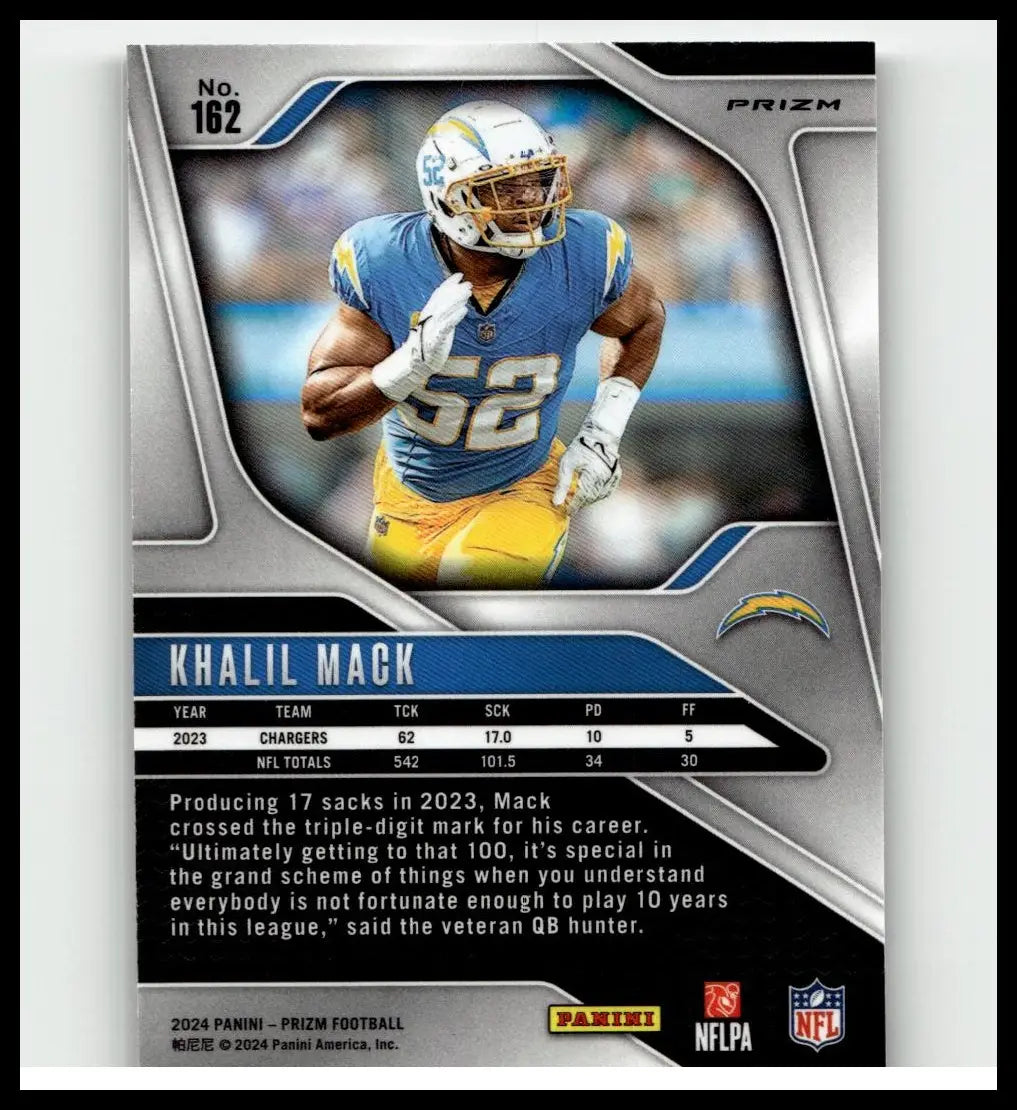 Silver and blue 2024 panini prizm nfl trading card featuring khalil mack in chargers uniform khalil mack silver