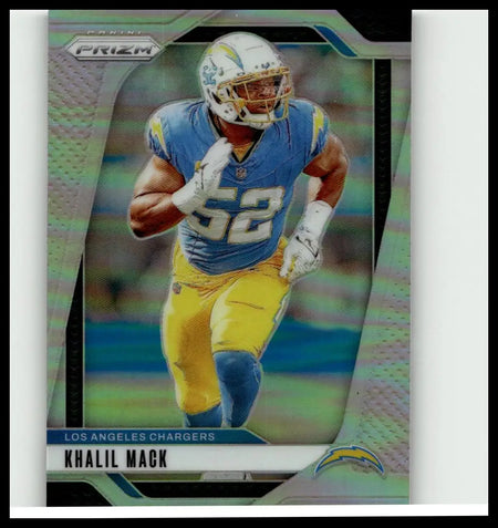2024 panini prizm #162 khalil mack silver football card with holographic borders in los angeles chargers blue and yellow