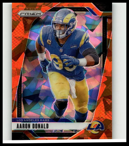 2024 panini prizm #172 aaron donald orange ice trading card featuring donald in los angeles rams blue and gold uniform