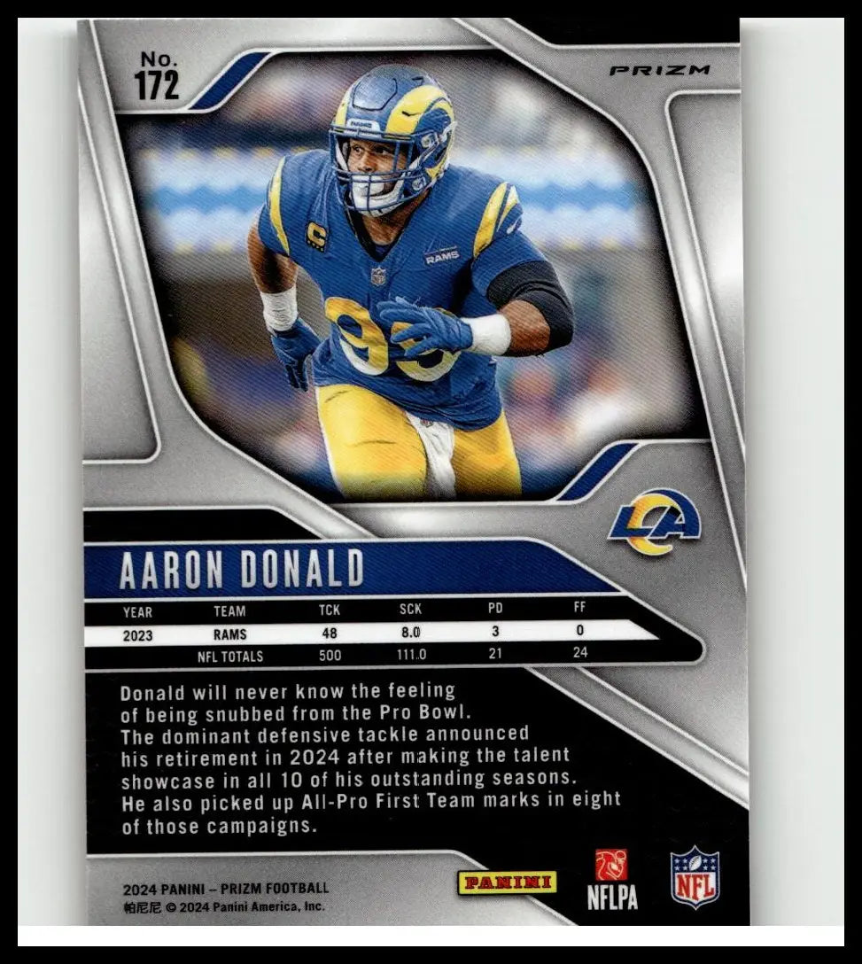 Silver and blue 2024 panini prizm #172 aaron donald orange ice nfl trading card featuring donald in rams uniform