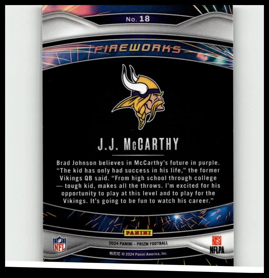 2024 panini prizm #18 j.j. mccarthy fireworks football card featuring action & toy figures design elements