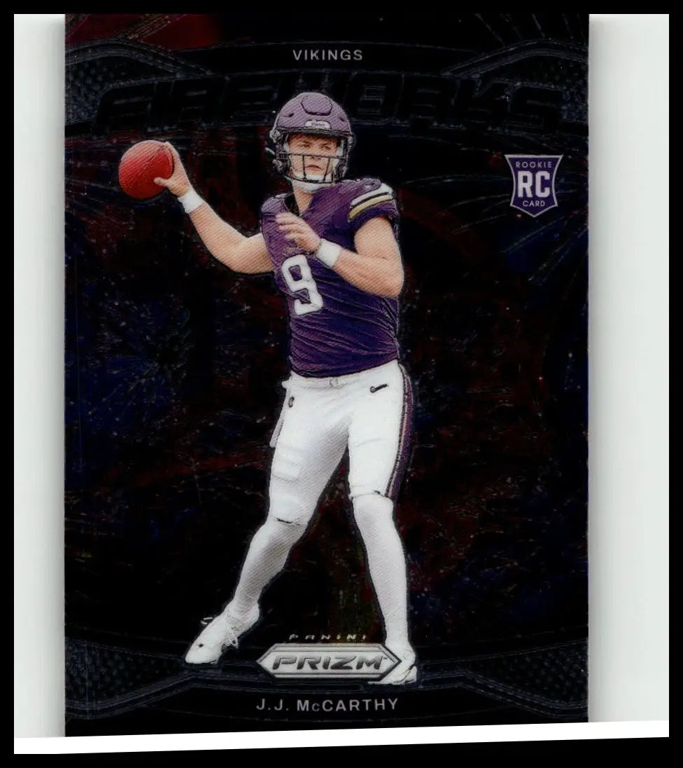 Purple and white Minnesota Vikings rookie panini prizm card featuring J.J. McCarthy fireworks action and toy figures