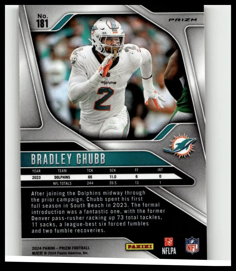 Silver and teal miami dolphins football trading card featuring bradley chubb in white number 2 uniform 2024 panini prizm #181 bradley chubb orange ice