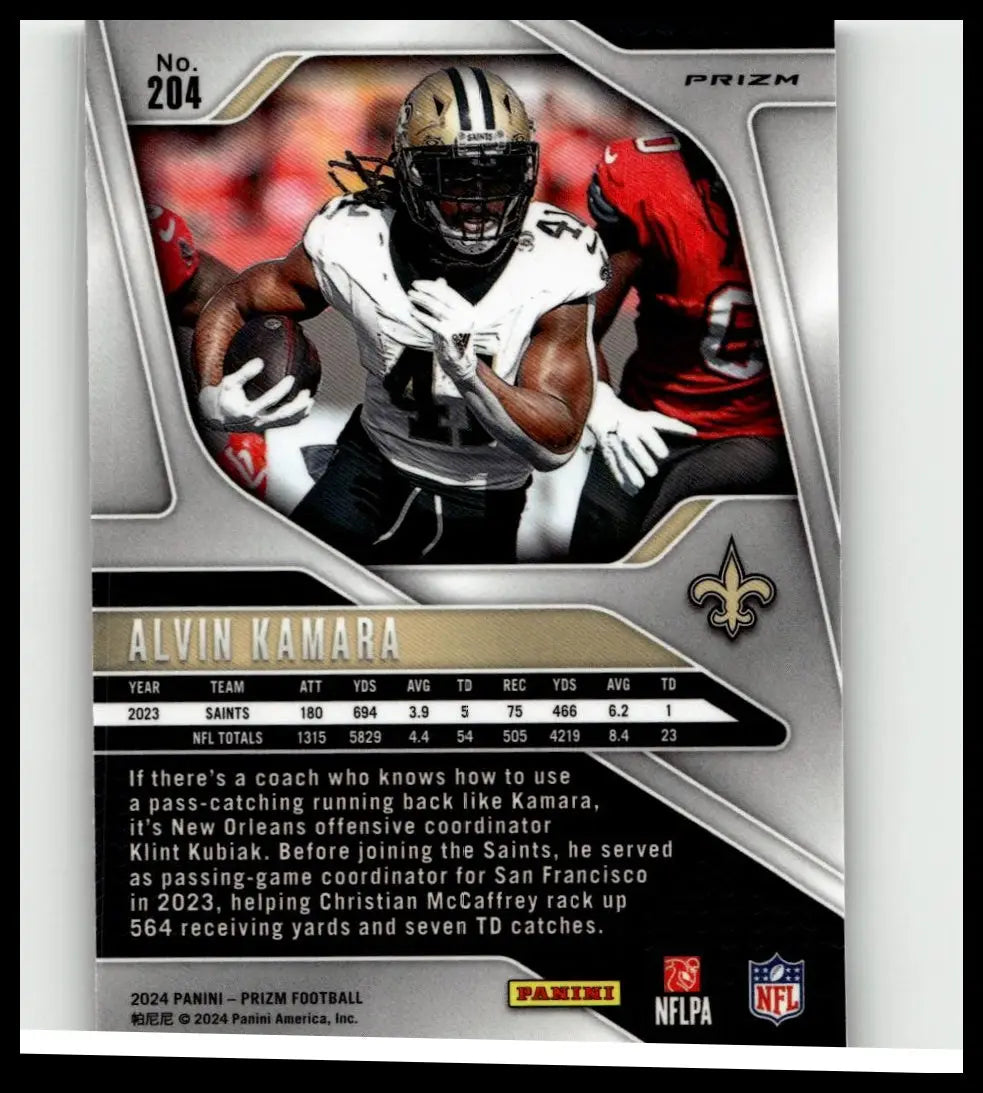 Silver and black 2024 panini prizm football trading card featuring alvin kamara purple pulsar in saints uniform