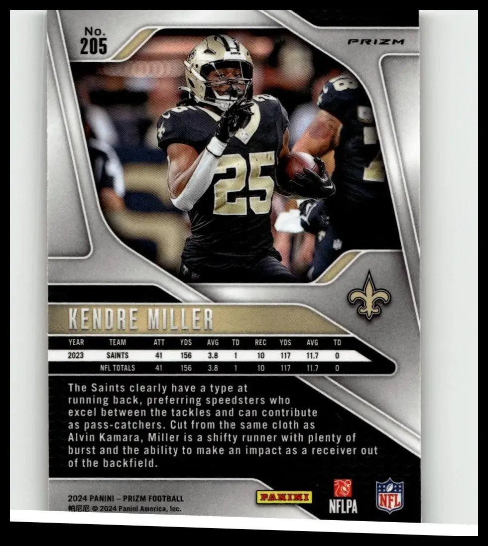 This 2024 panini prizm football card features kendre miller in black and gold saints uniform miller orange ice
