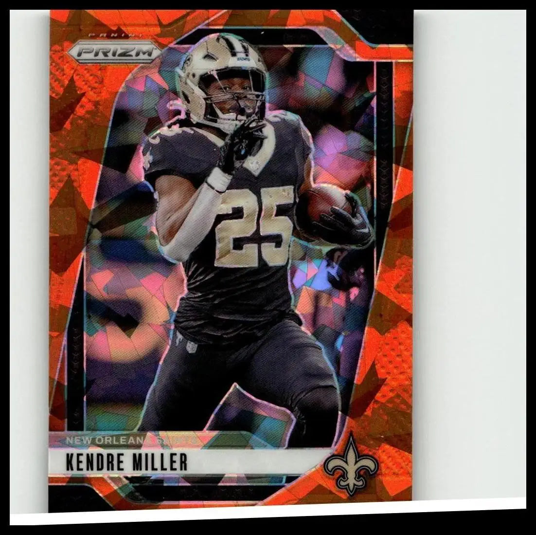 A vibrant 2024 panini prizm #205 kendre miller orange ice trading card with orange and purple geometric patterns