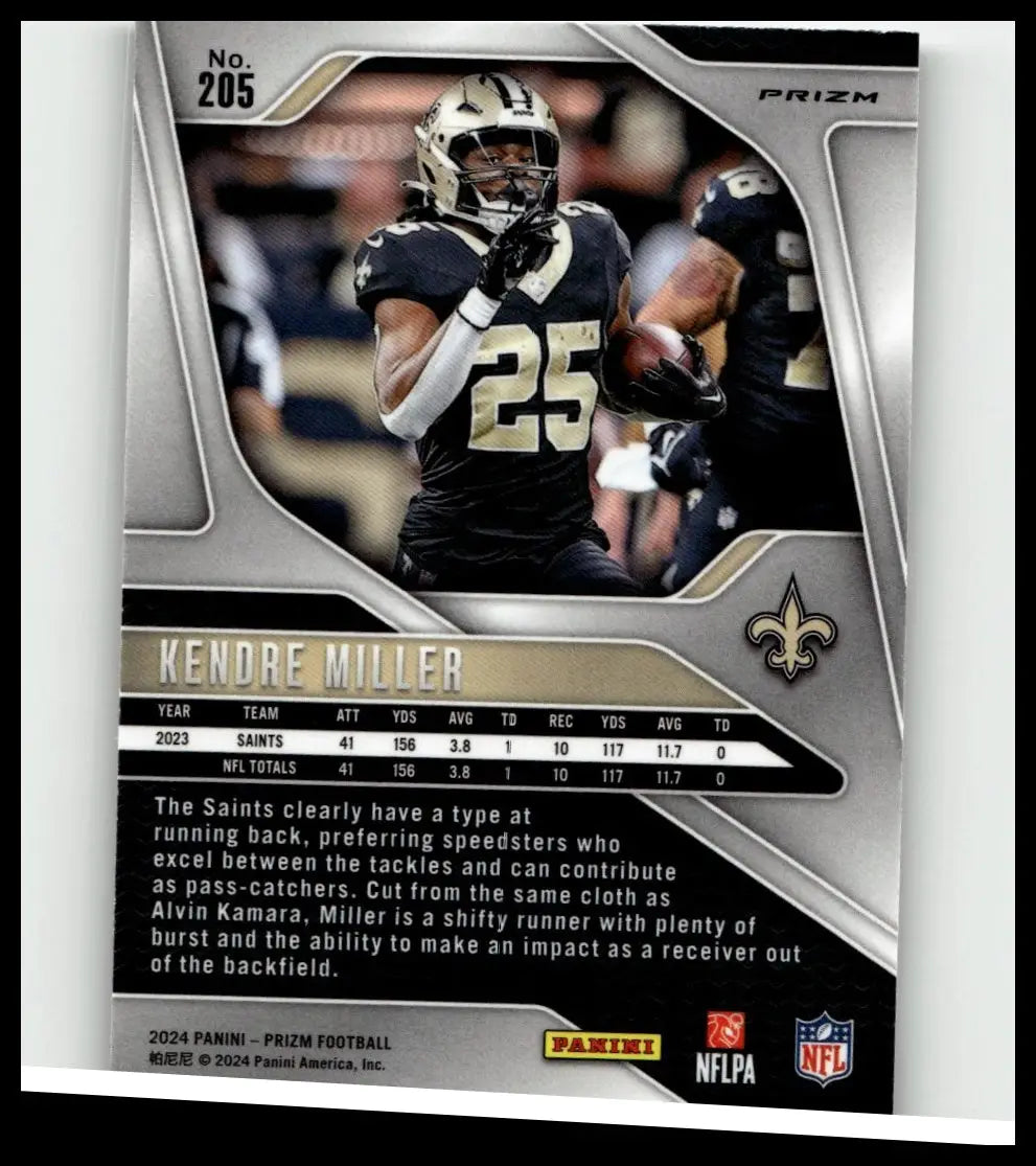 Silver and black panini prizm 2024 football trading card featuring kendre miller in new orleans saints uniform number 25