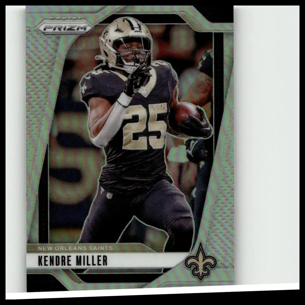 Silver and black 2024 panini prizm kendre miller silver football trading card featuring new orleans saints uniform