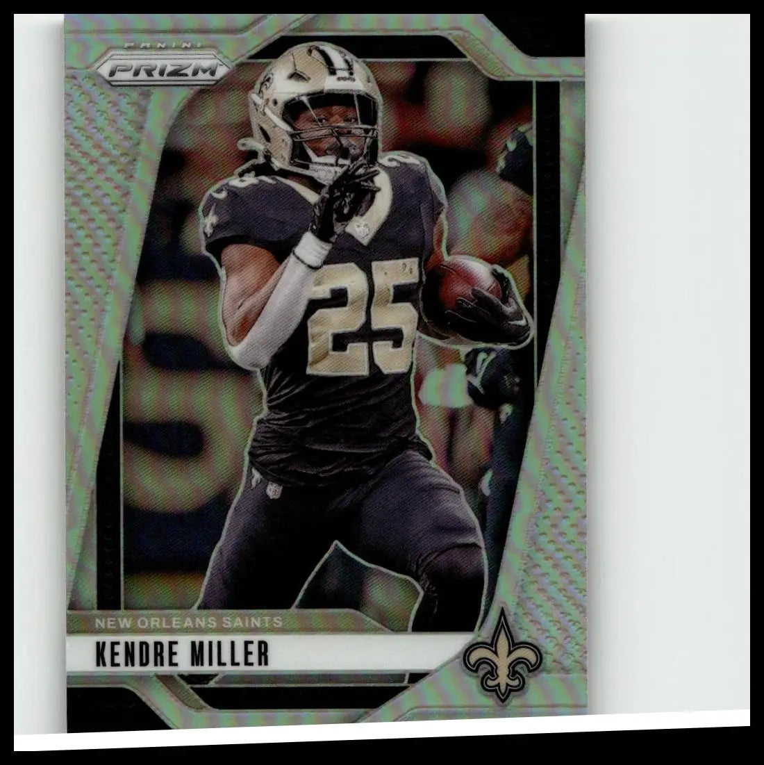 Silver and black 2024 panini prizm kendre miller silver football trading card featuring new orleans saints uniform