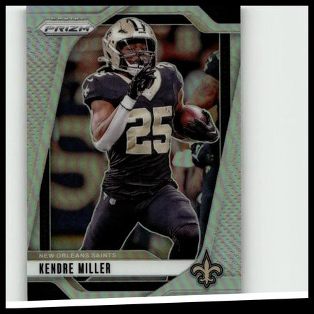 Silver and black 2024 panini prizm kendre miller silver football trading card featuring new orleans saints uniform