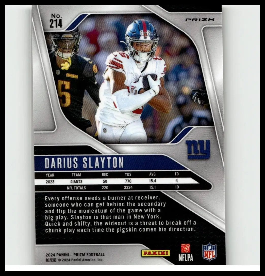 Silver and black prizm football trading card featuring darius slayton in new york giants uniform 2024 panini prizm orange ice