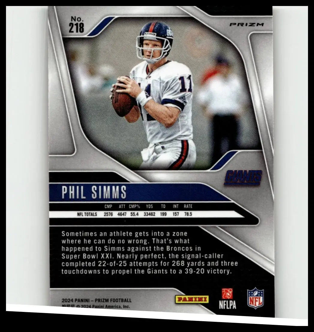 Silver and blue prizm football trading card featuring phil simms orange ice in new york giants uniform 2024 panini prizm 218