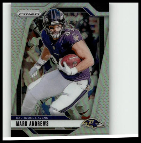 2024 panini prizm #22 mark andrews silver card showing baltimore ravens mark andrews in purple jersey holding ball