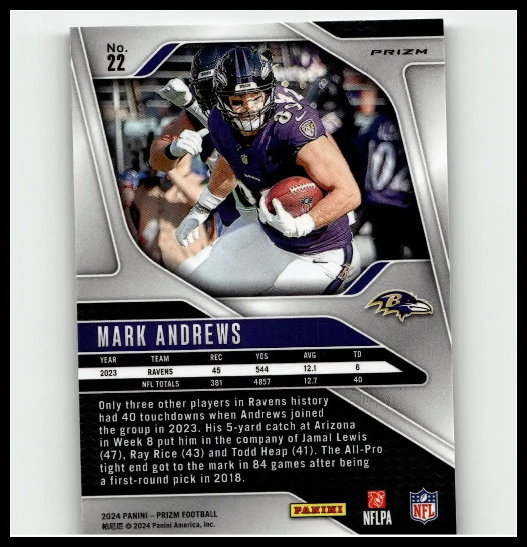Purple and silver baltimore ravens football trading card featuring mark andrews in action 2024 panini prizm silver