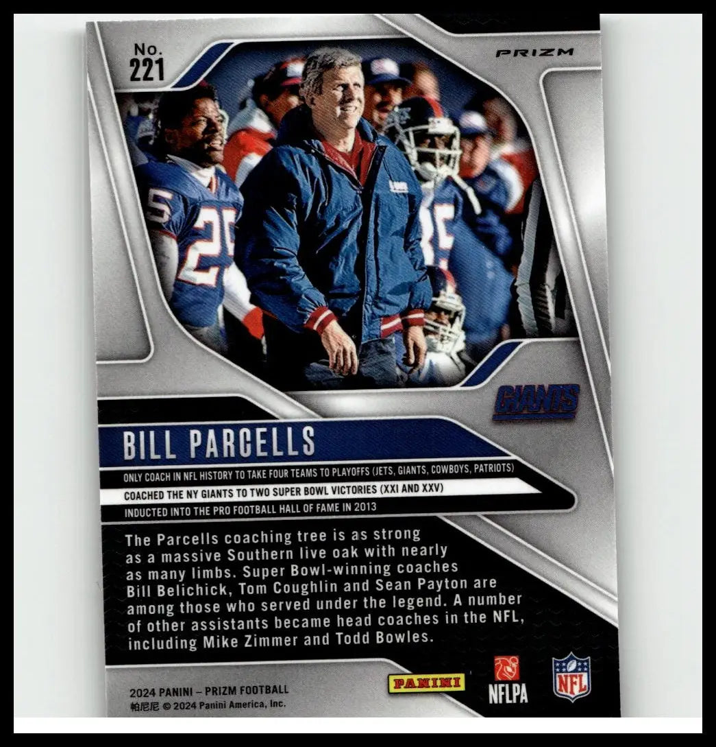 Silver and black panini prizm parcells silver football trading card #221 featuring bill parcells action figure design