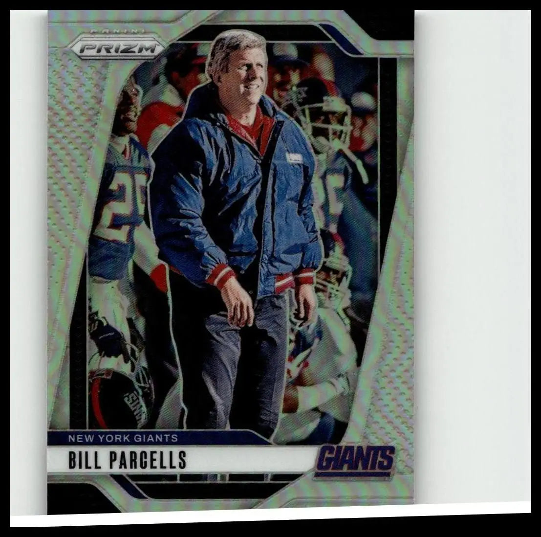 A shiny iridescent panini prizm parcells silver trading card featuring bill parcells in a blue jacket and dark pants