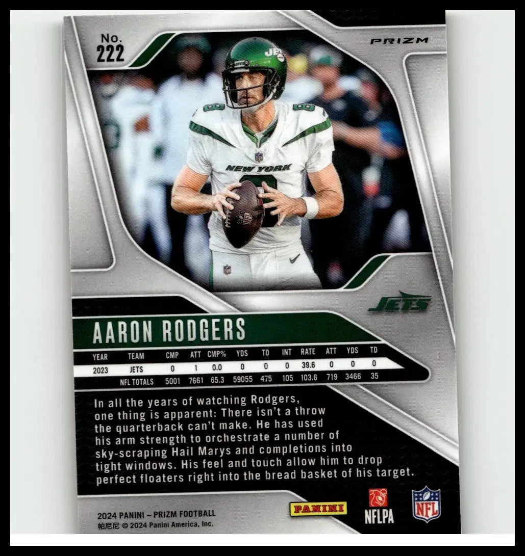 Silver and green 2024 panini prizm #222 aaron rodgers lazer football card featuring aaron rodgers in jets uniform