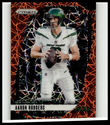 Aaron Rodgers lazer panini prizm 2024 trading card in white and green Jets jersey holding an American football